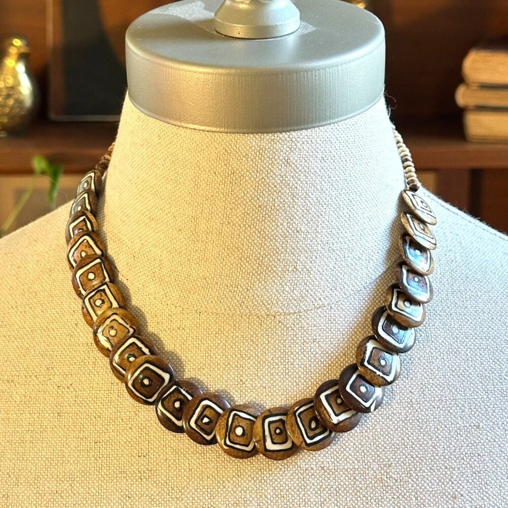 Vintage Brown Ceramic Bead Necklace, 18" Boho